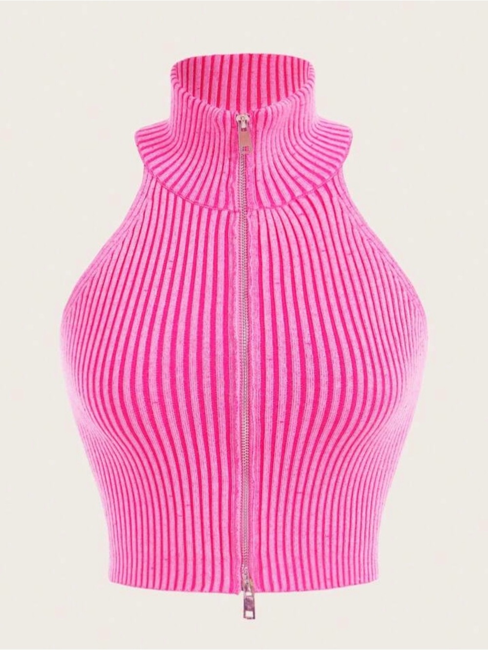 Ribbed Zip-Front Halter Tank Top - Pink